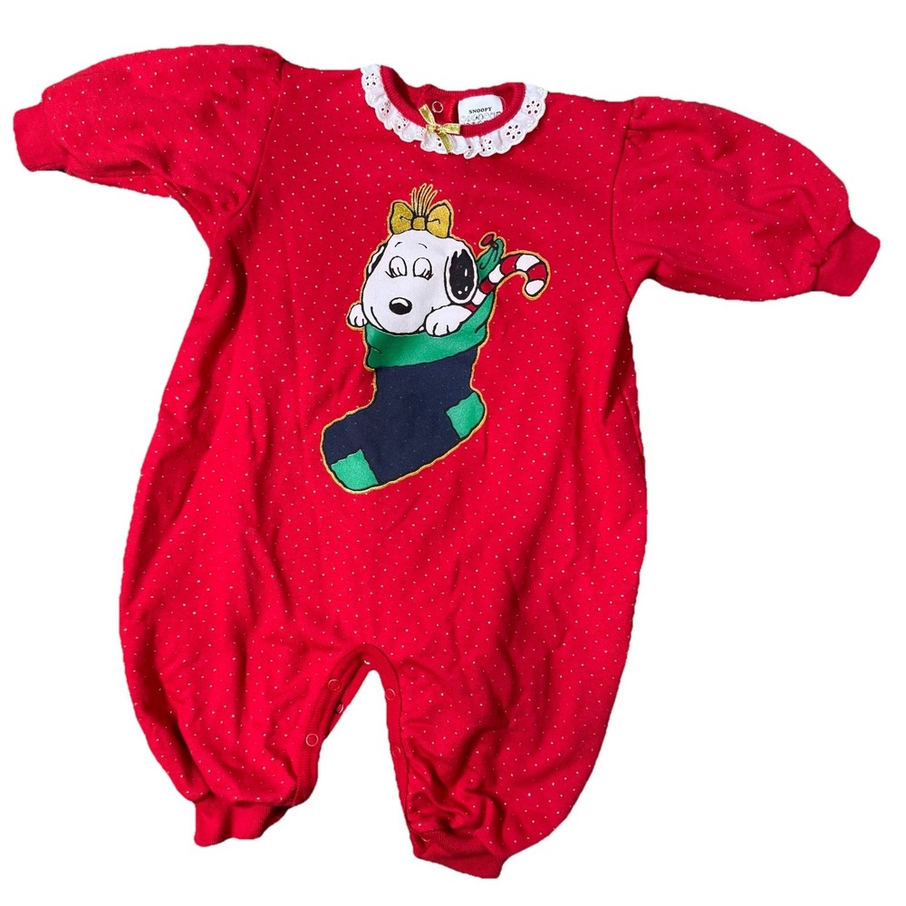 Snoopy‎ Peanuts Christmas Romper Baby 12 Months Red Woodstock Playsuit Vintage
